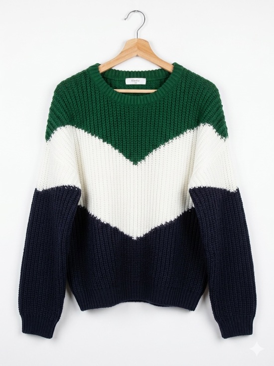 Elodie Sweaters - Elodie Chevron Colorblock Crewneck Sweater in Green, White & Navy XL